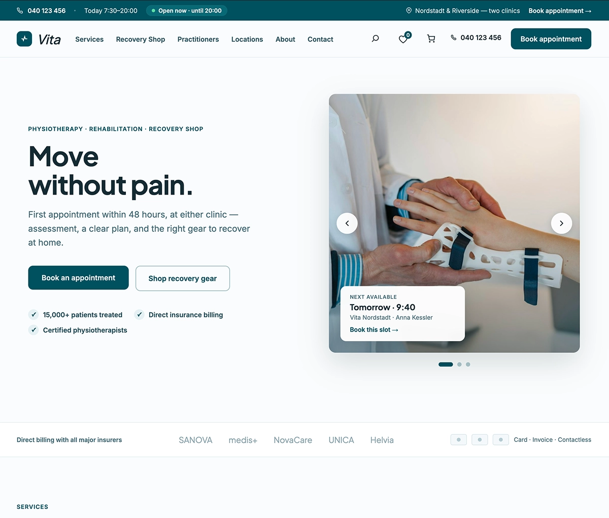 Vita — physio and recovery clinic demo for the Quartier WordPress theme
