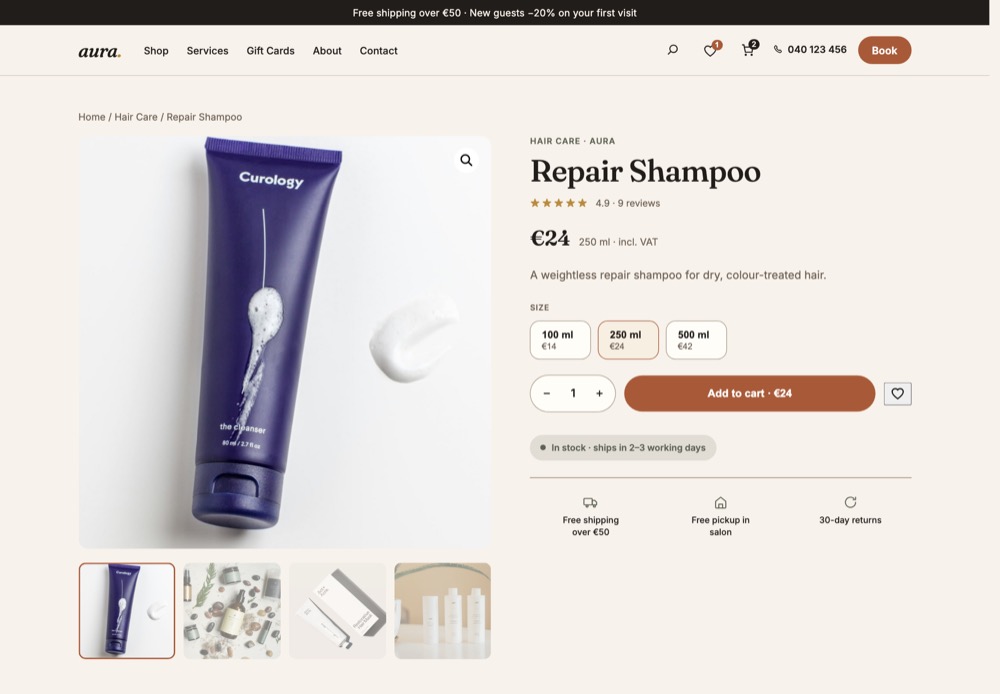 Quartier WooCommerce product page with size variations