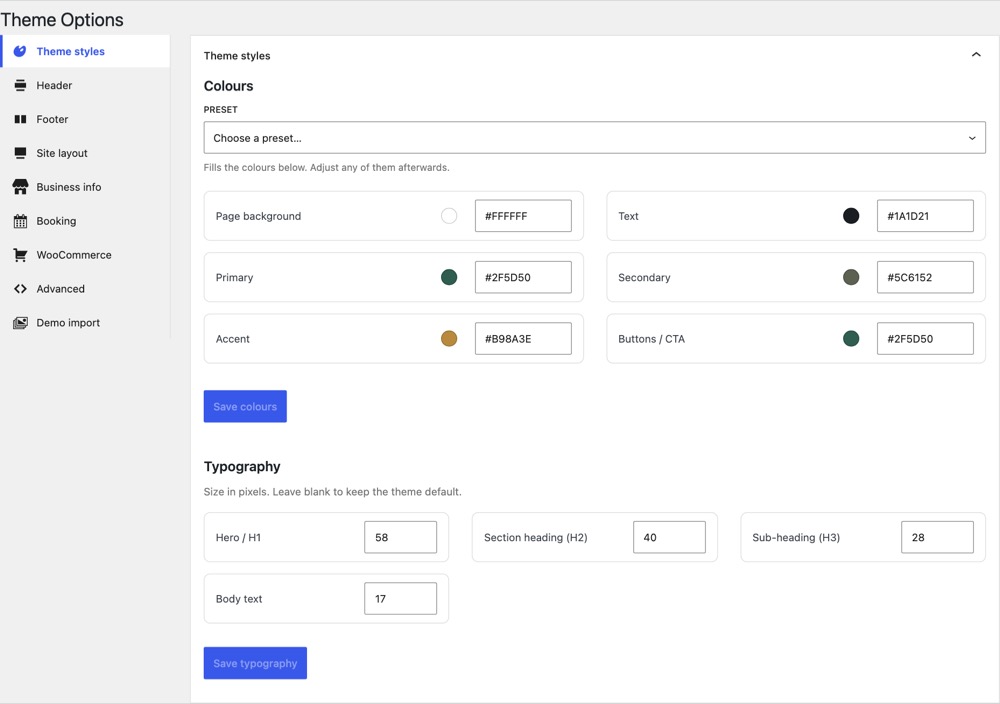 Quartier Theme Options — theme styles tab